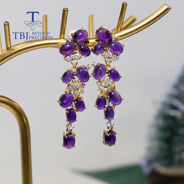 Chic Elegance: Gorgeous Designer Long Silver Earrings with Natural Amethyst Gems - Gadget and Glam Shop