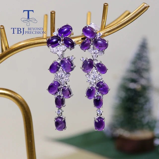 Chic Elegance: Gorgeous Designer Long Silver Earrings with Natural Amethyst Gems - Gadget and Glam Shop