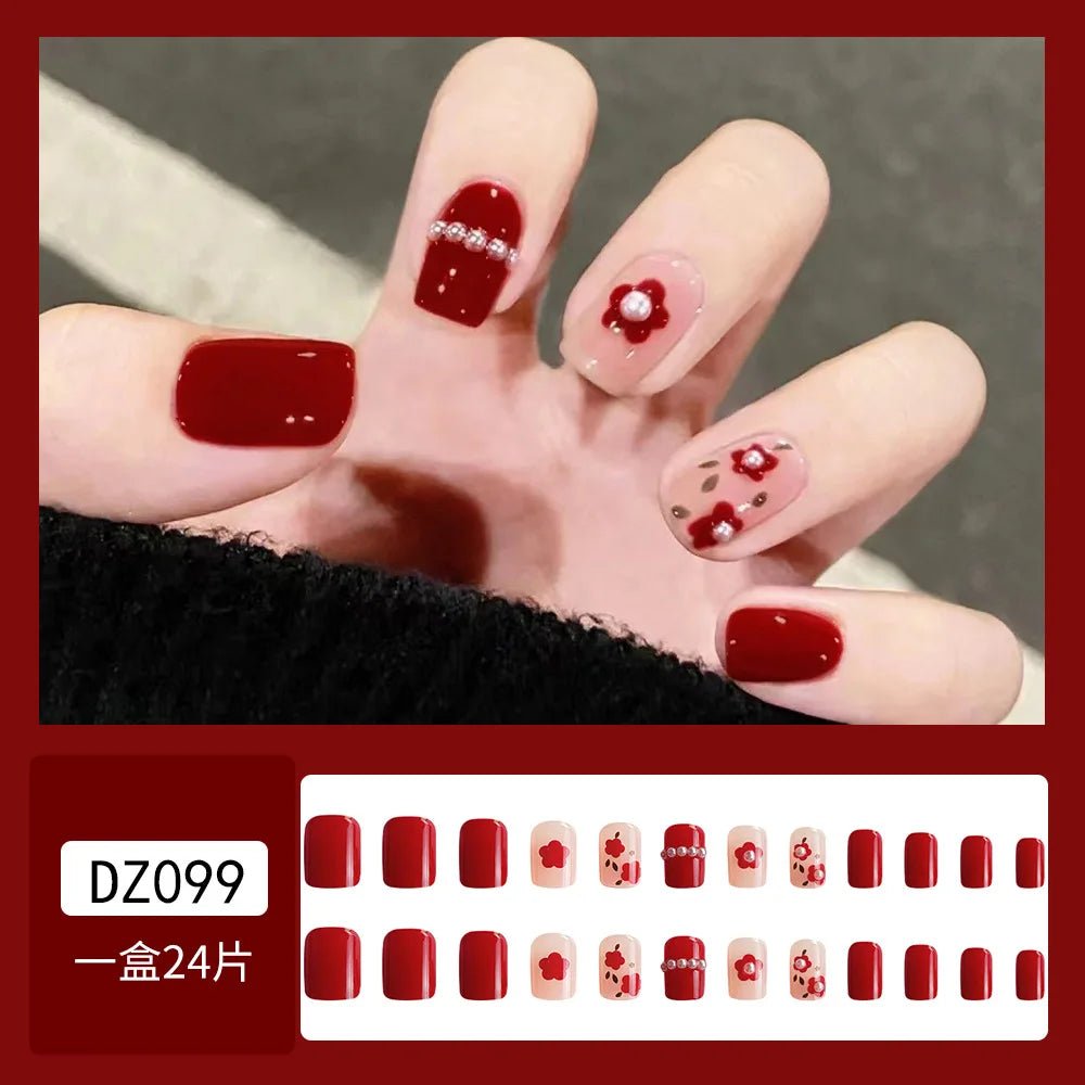 24Pcs Full Cover Fake Nails with 3D White Flower Design Full Cover Press on Fingernails Tips Coffin Head Glitter Red False Nails - Gadget and Glam Shop