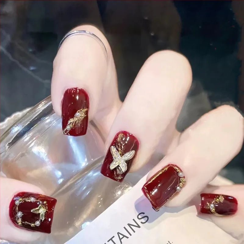 24Pcs Full Cover Fake Nails with 3D White Flower Design Full Cover Press on Fingernails Tips Coffin Head Glitter Red False Nails - Gadget and Glam Shop