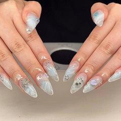 24Pcs Short Round Head Almond Fake Nails with Flowers Grass Pattern Wearable False Nails Tips Summer Full Cover Press on Nails - Gadget and Glam Shop