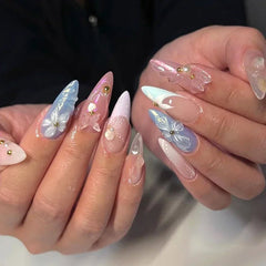 24Pcs Short Round Head Almond Fake Nails with Flowers Grass Pattern Wearable False Nails Tips Summer Full Cover Press on Nails - Gadget and Glam Shop