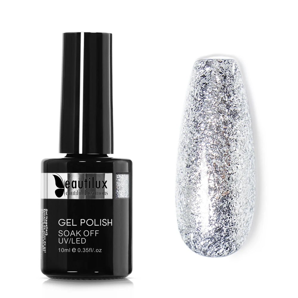 Beautilux Platinum Nail Gel Polish Silver Glitter Flakes Nails Art Gels Polish UV LED Semi Permanent Winter Nail Varnish 10ml - Gadget and Glam Shop