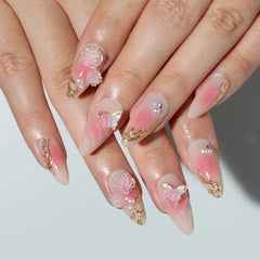 24Pcs Short Round Head Almond Fake Nails with Flowers Grass Pattern Wearable False Nails Tips Summer Full Cover Press on Nails - Gadget and Glam Shop