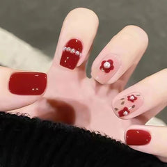 24Pcs Full Cover Fake Nails with 3D White Flower Design Full Cover Press on Fingernails Tips Coffin Head Glitter Red False Nails - Gadget and Glam Shop