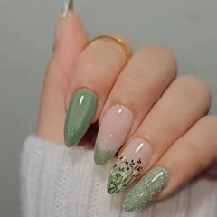 24Pcs Short Round Head Almond Fake Nails with Flowers Grass Pattern Wearable False Nails Tips Summer Full Cover Press on Nails - Gadget and Glam Shop