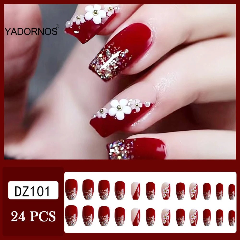 24Pcs Full Cover Fake Nails with 3D White Flower Design Full Cover Press on Fingernails Tips Coffin Head Glitter Red False Nails - Gadget and Glam Shop