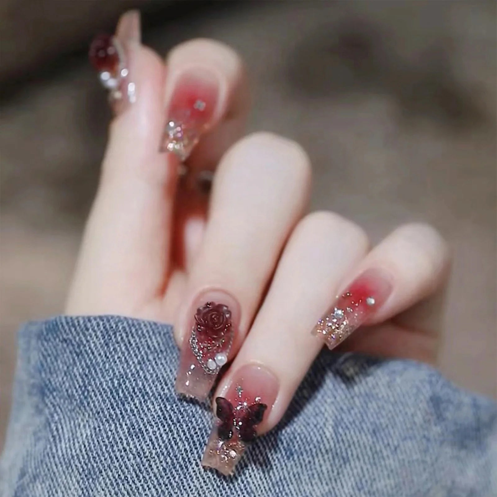 24Pcs Full Cover Fake Nails with 3D White Flower Design Full Cover Press on Fingernails Tips Coffin Head Glitter Red False Nails - Gadget and Glam Shop