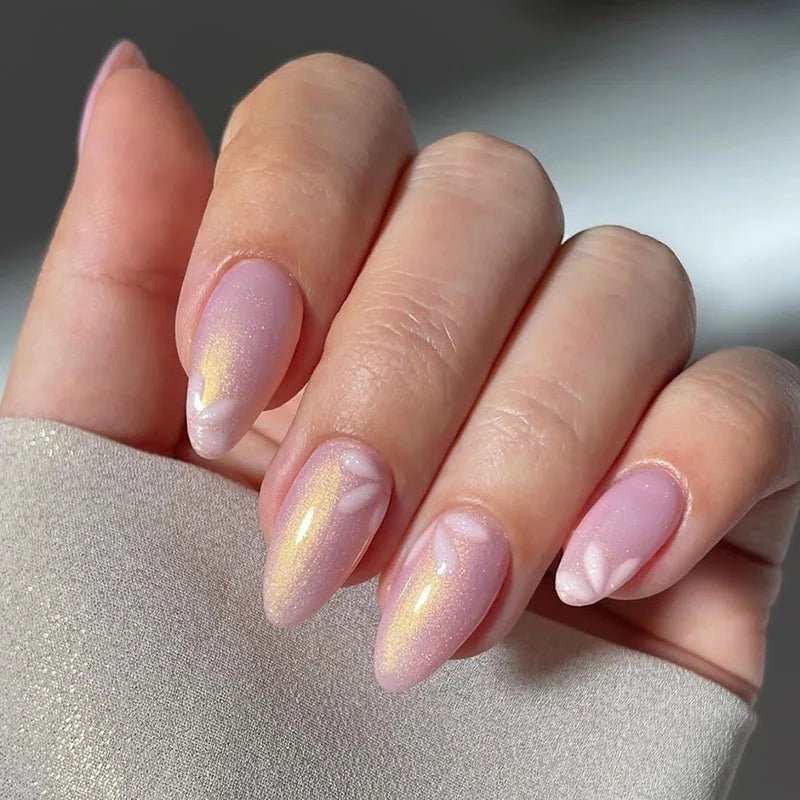 24Pcs Short Round Head Almond Fake Nails with Flowers Grass Pattern Wearable False Nails Tips Summer Full Cover Press on Nails - Gadget and Glam Shop