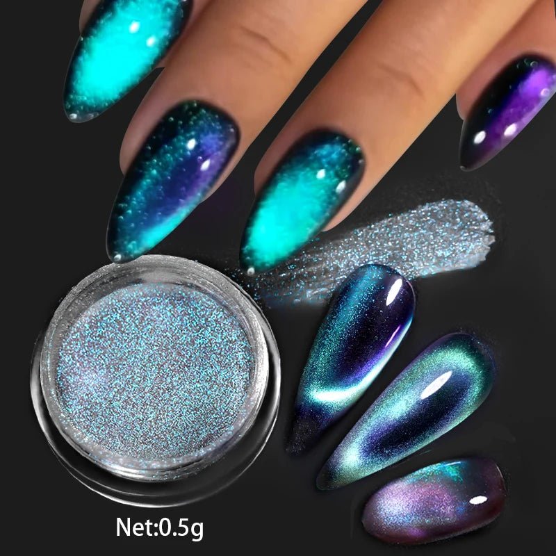 Blue Reflective Cat Magnetic Nail Powder Glitter Nail Art Gel Polishing Chrome Pigment Dust Metallic Chameleon Effect Decoration - Gadget and Glam Shop