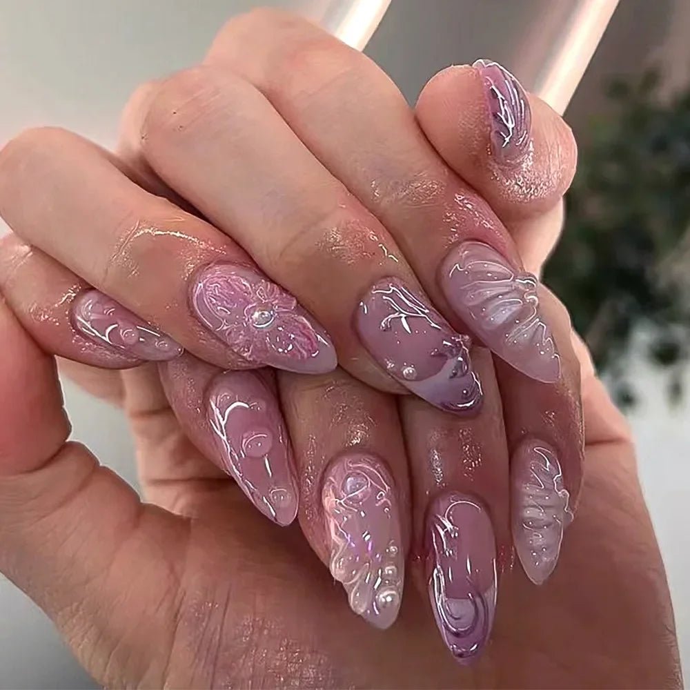 24Pcs Short Round Head Almond Fake Nails with Flowers Grass Pattern Wearable False Nails Tips Summer Full Cover Press on Nails - Gadget and Glam Shop