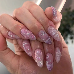 24Pcs Short Round Head Almond Fake Nails with Flowers Grass Pattern Wearable False Nails Tips Summer Full Cover Press on Nails - Gadget and Glam Shop