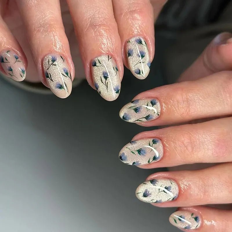 24Pcs Short Round Head Almond Fake Nails with Flowers Grass Pattern Wearable False Nails Tips Summer Full Cover Press on Nails - Gadget and Glam Shop
