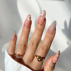 24Pcs Short Round Head Almond Fake Nails with Flowers Grass Pattern Wearable False Nails Tips Summer Full Cover Press on Nails - Gadget and Glam Shop