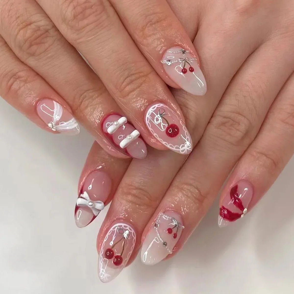 24Pcs Short Round Head Almond Fake Nails with Flowers Grass Pattern Wearable False Nails Tips Summer Full Cover Press on Nails - Gadget and Glam Shop