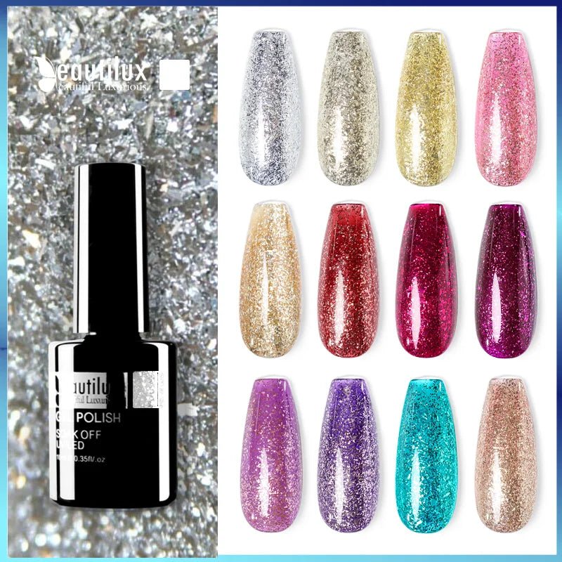 Beautilux Platinum Nail Gel Polish Silver Glitter Flakes Nails Art Gels Polish UV LED Semi Permanent Winter Nail Varnish 10ml - Gadget and Glam Shop