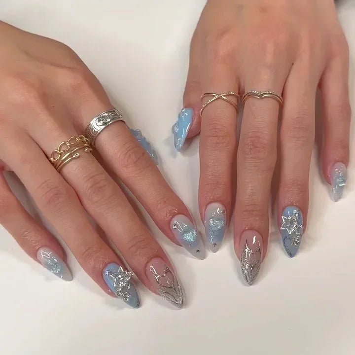 24Pcs Short Round Head Almond Fake Nails with Flowers Grass Pattern Wearable False Nails Tips Summer Full Cover Press on Nails - Gadget and Glam Shop