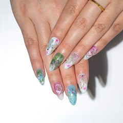 24Pcs Short Round Head Almond Fake Nails with Flowers Grass Pattern Wearable False Nails Tips Summer Full Cover Press on Nails - Gadget and Glam Shop