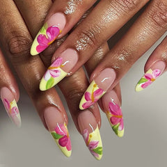 24Pcs Short Round Head Almond Fake Nails with Flowers Grass Pattern Wearable False Nails Tips Summer Full Cover Press on Nails - Gadget and Glam Shop