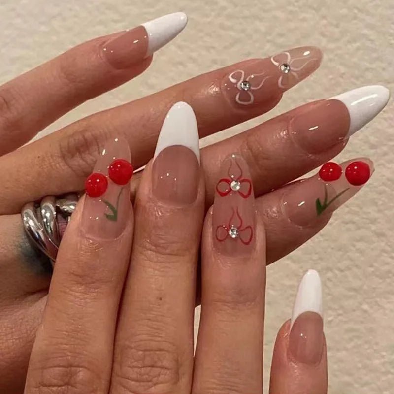 24Pcs Short Round Head Almond Fake Nails with Flowers Grass Pattern Wearable False Nails Tips Summer Full Cover Press on Nails - Gadget and Glam Shop