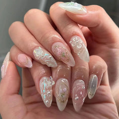 24Pcs Short Round Head Almond Fake Nails with Flowers Grass Pattern Wearable False Nails Tips Summer Full Cover Press on Nails - Gadget and Glam Shop