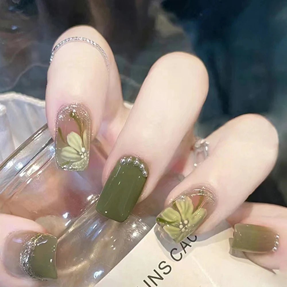 24Pcs Full Cover Fake Nails with 3D White Flower Design Full Cover Press on Fingernails Tips Coffin Head Glitter Red False Nails - Gadget and Glam Shop