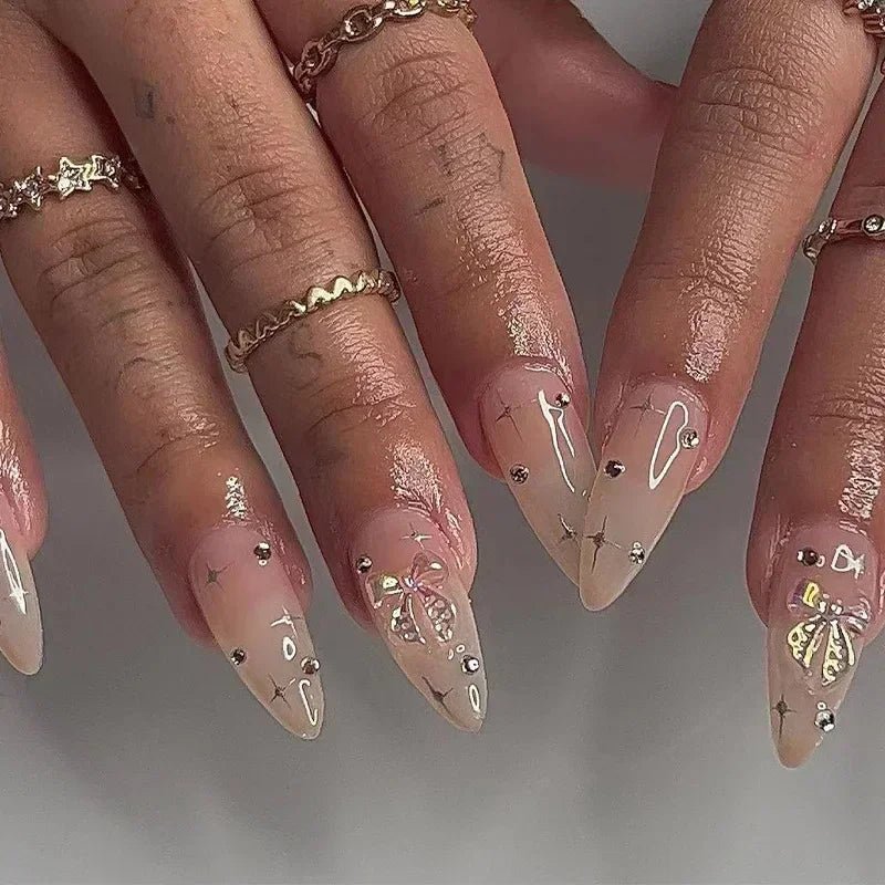 24Pcs Short Round Head Almond Fake Nails with Flowers Grass Pattern Wearable False Nails Tips Summer Full Cover Press on Nails - Gadget and Glam Shop