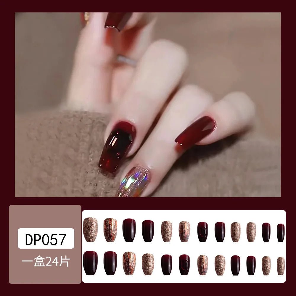 24Pcs Full Cover Fake Nails with 3D White Flower Design Full Cover Press on Fingernails Tips Coffin Head Glitter Red False Nails - Gadget and Glam Shop