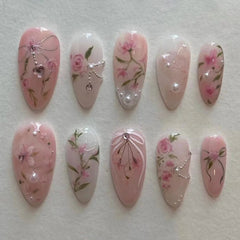 24Pcs Short Round Head Almond Fake Nails with Flowers Grass Pattern Wearable False Nails Tips Summer Full Cover Press on Nails - Gadget and Glam Shop