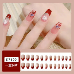 24Pcs Full Cover Fake Nails with 3D White Flower Design Full Cover Press on Fingernails Tips Coffin Head Glitter Red False Nails - Gadget and Glam Shop