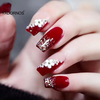 24Pcs Full Cover Fake Nails with 3D White Flower Design Full Cover Press on Fingernails Tips Coffin Head Glitter Red False Nails - Gadget and Glam Shop