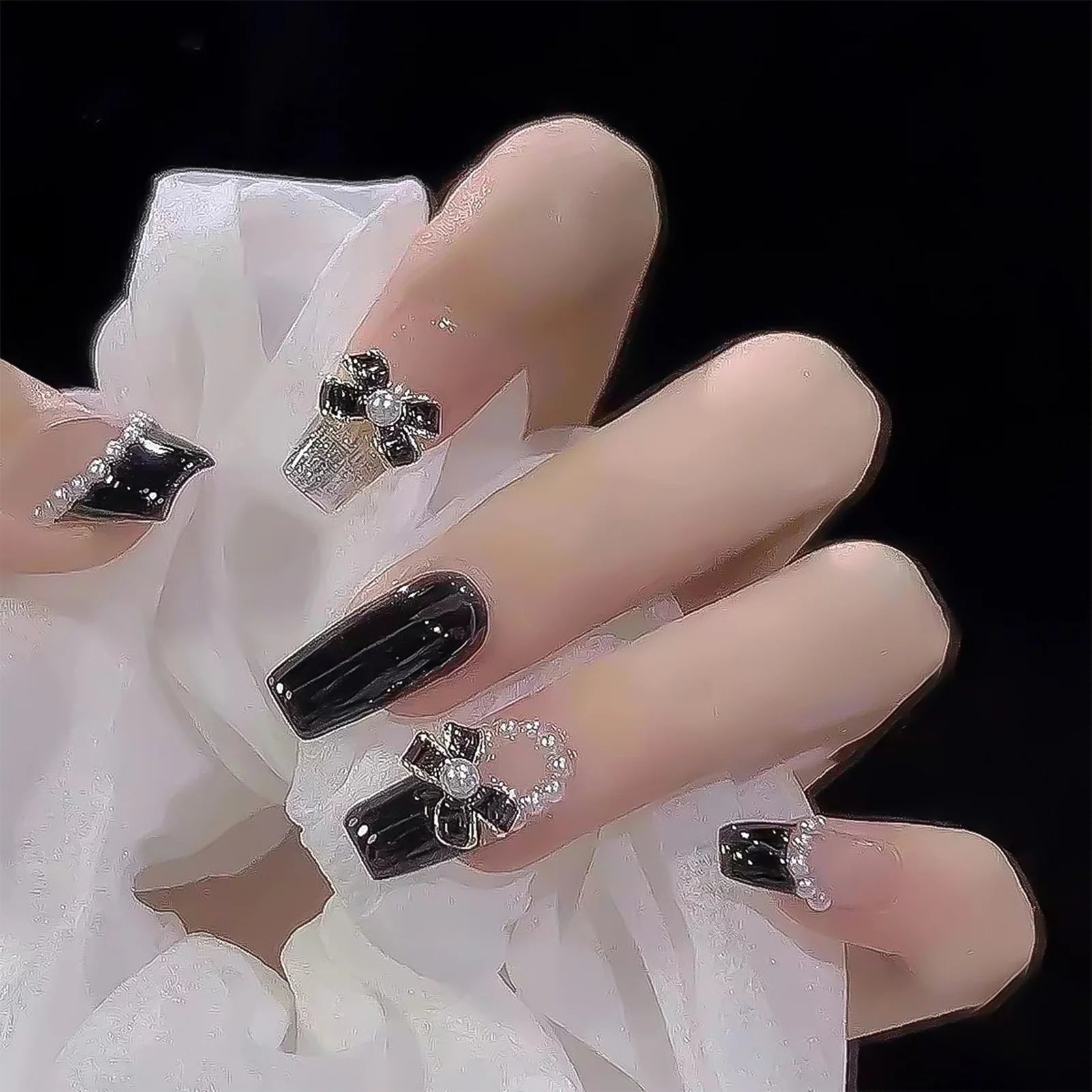 24Pcs Full Cover Fake Nails with 3D White Flower Design Full Cover Press on Fingernails Tips Coffin Head Glitter Red False Nails - Gadget and Glam Shop