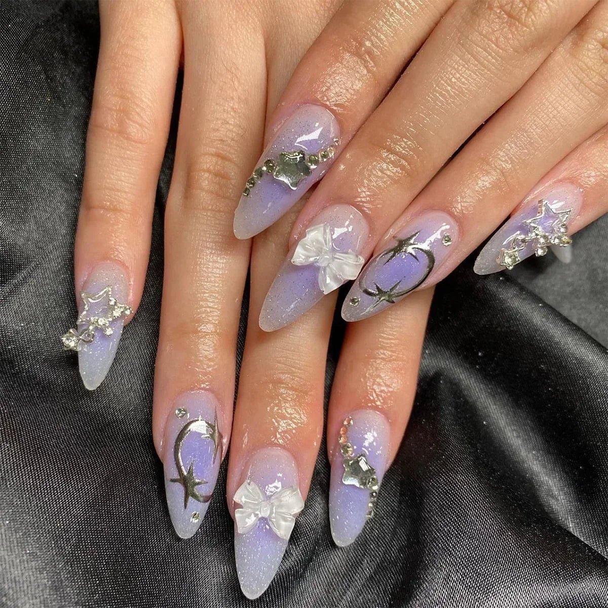 24Pcs Short Round Head Almond Fake Nails with Flowers Grass Pattern Wearable False Nails Tips Summer Full Cover Press on Nails - Gadget and Glam Shop