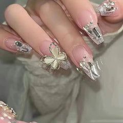 24Pcs Full Cover Fake Nails with 3D White Flower Design Full Cover Press on Fingernails Tips Coffin Head Glitter Red False Nails - Gadget and Glam Shop
