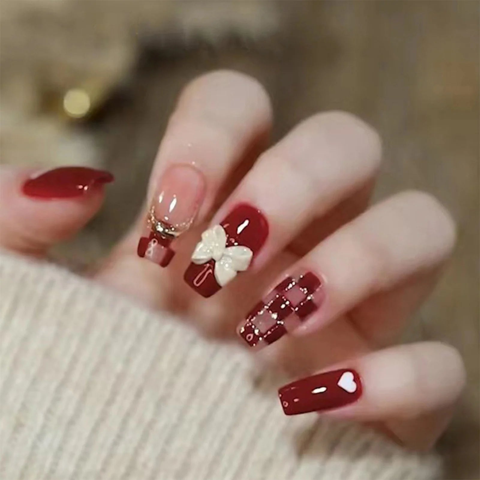 24Pcs Full Cover Fake Nails with 3D White Flower Design Full Cover Press on Fingernails Tips Coffin Head Glitter Red False Nails - Gadget and Glam Shop