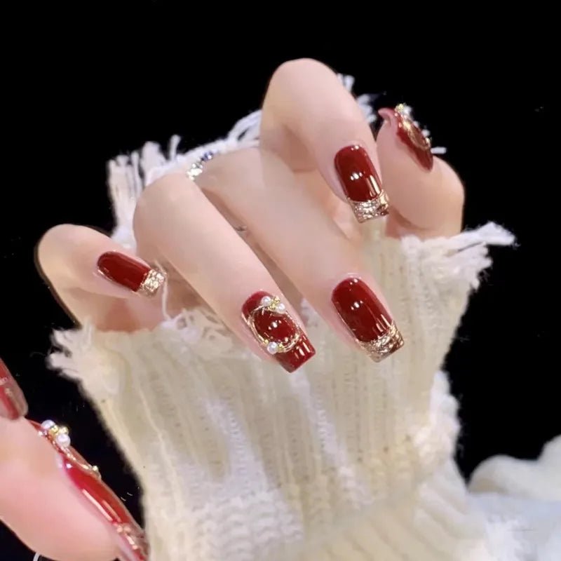24Pcs Full Cover Fake Nails with 3D White Flower Design Full Cover Press on Fingernails Tips Coffin Head Glitter Red False Nails - Gadget and Glam Shop