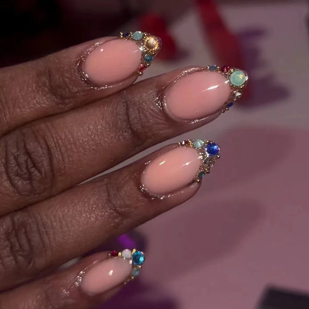 24Pcs Short Round Head Almond Fake Nails with Flowers Grass Pattern Wearable False Nails Tips Summer Full Cover Press on Nails - Gadget and Glam Shop
