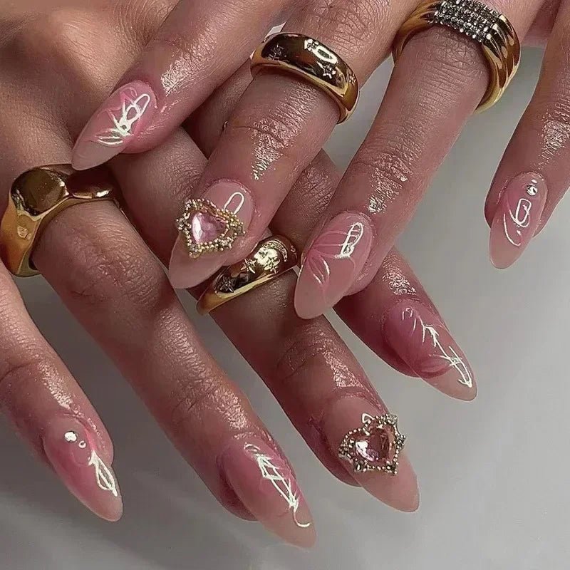24Pcs Short Round Head Almond Fake Nails with Flowers Grass Pattern Wearable False Nails Tips Summer Full Cover Press on Nails - Gadget and Glam Shop