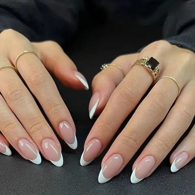 24Pcs French False Nails Almond Fake Nails with Glue Press on White Edge Design Wearable Simple Ins Pink Stiletto Nail Tips - Gadget and Glam Shop