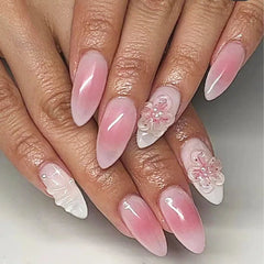 24Pcs Short Round Head Almond Fake Nails with Flowers Grass Pattern Wearable False Nails Tips Summer Full Cover Press on Nails - Gadget and Glam Shop