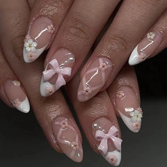 24Pcs Short Round Head Almond Fake Nails with Flowers Grass Pattern Wearable False Nails Tips Summer Full Cover Press on Nails - Gadget and Glam Shop