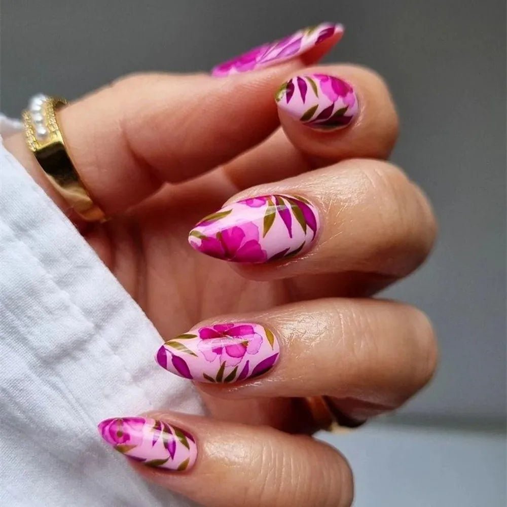 24Pcs Short Round Head Almond Fake Nails with Flowers Grass Pattern Wearable False Nails Tips Summer Full Cover Press on Nails - Gadget and Glam Shop