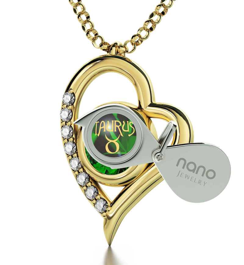 Gold Plated Silver Taurus Necklace Zodiac Heart Pendant 24k Gold Inscribed on Crystal - Gadget and Glam Shop