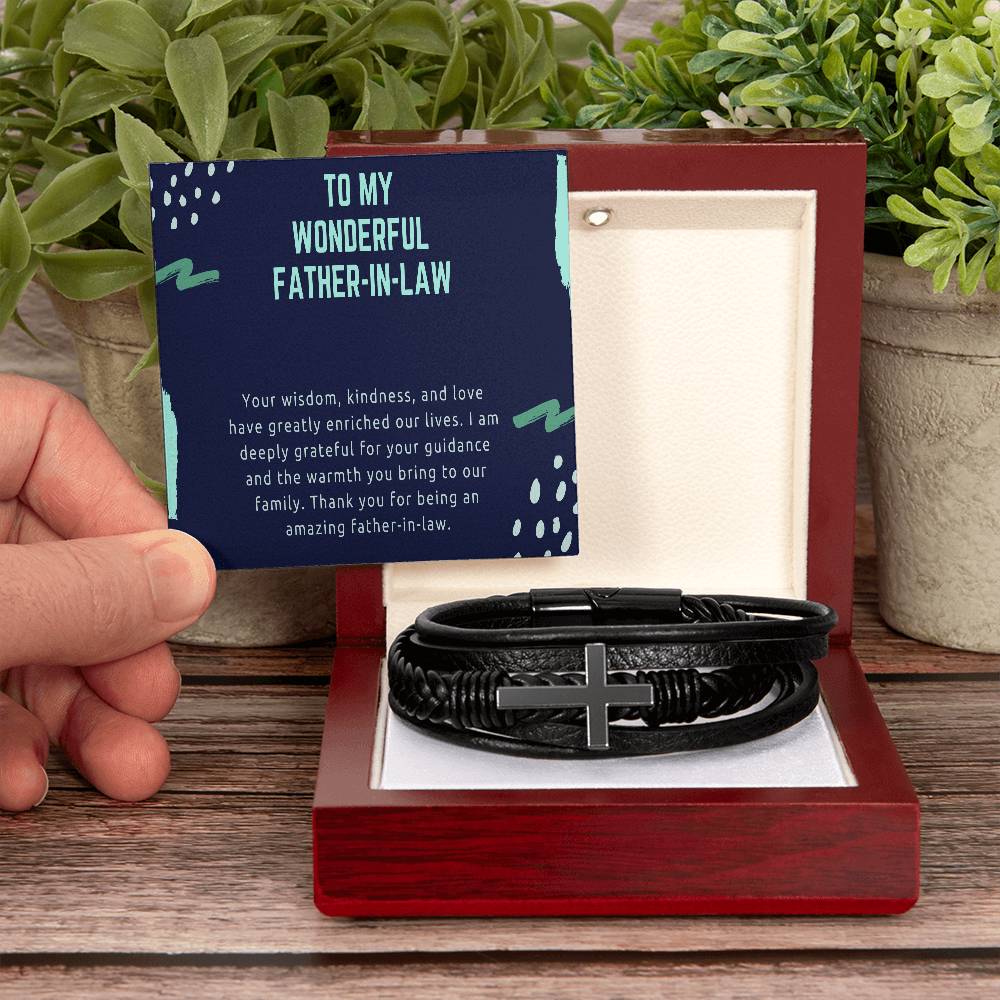 Men's Cross Leather Bracelet - Honoring an Exceptional Father - in - Law - Gadget and Glam Shop