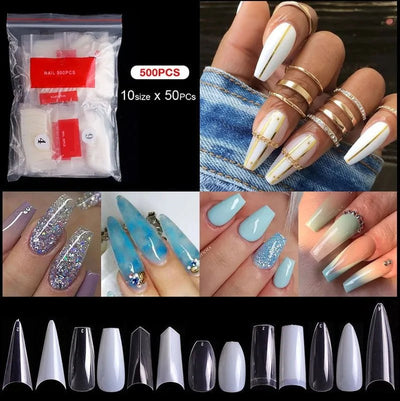 500pcs Natural Clear False Acrylic Nail Tips - Full/Half Cover Tips - Gadget and Glam Shop