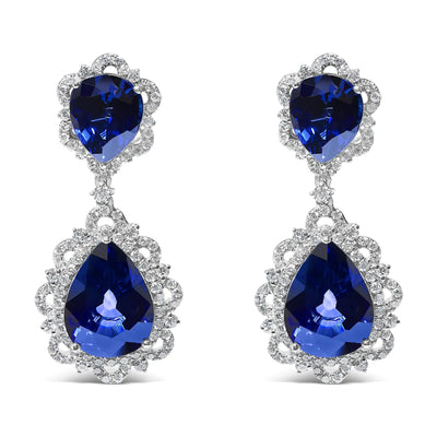 18K White Gold Blue Sapphire and Diamond 2.00 Cttw Diamond Halo Drop and Dangle Earring (G - H Color, SI1 - SI2 Clarity) - Gadget and Glam Shop