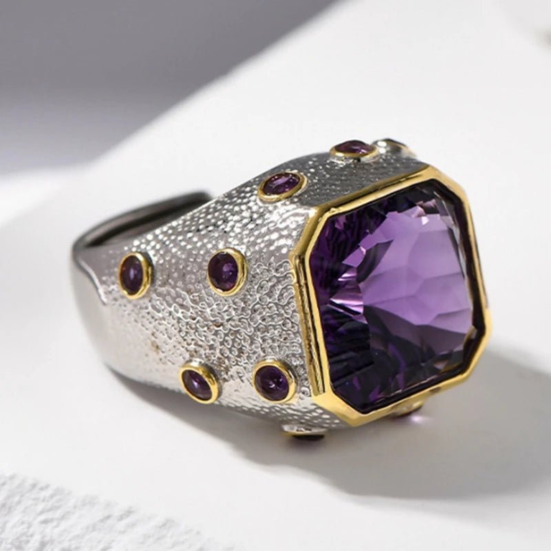 Ancient Allure: 925 Sterling Silver Rings with Square - Cut Natural Amethyst - Gadget and Glam Shop