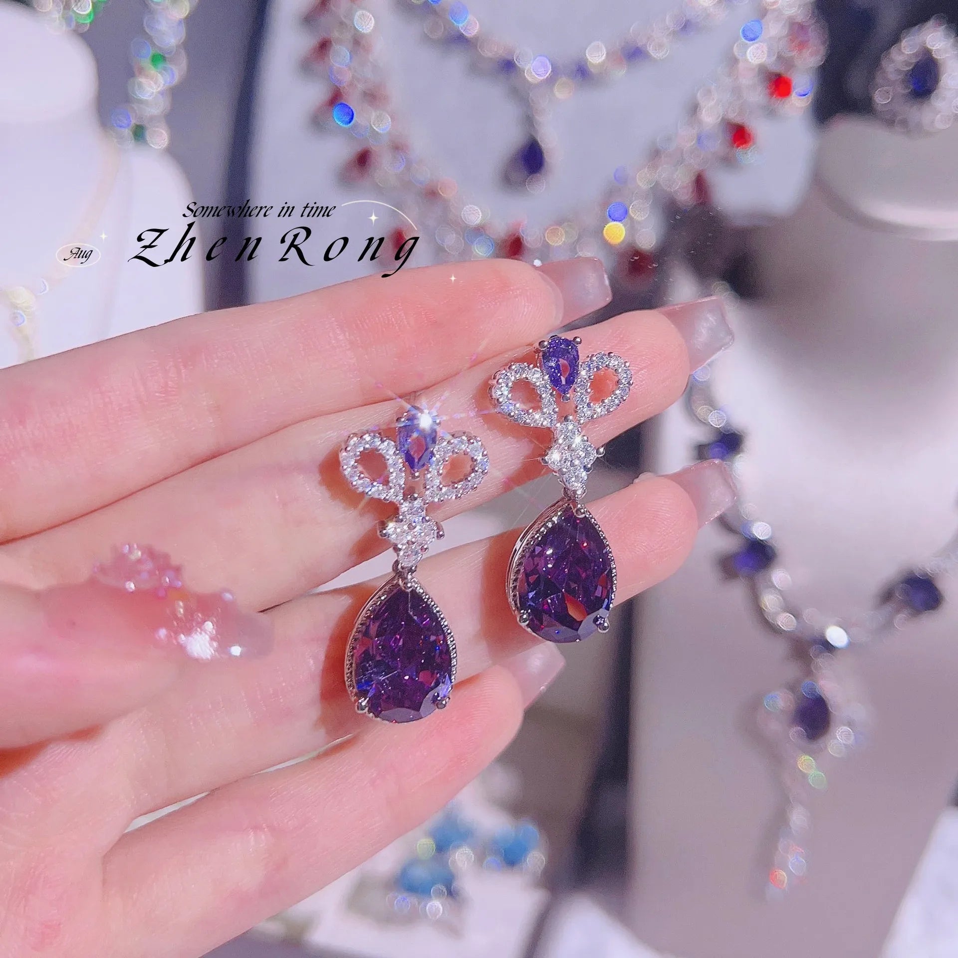 Chic Crowned Elegance: New Trend Water Drop Amethyst Wedding Earrings in Silver - Gadget and Glam Shop