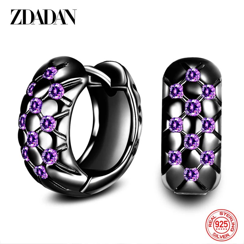 Chic Contrast: 925 Sterling Silver Black Hoop Earrings with Amethyst for Women - Gadget and Glam Shop