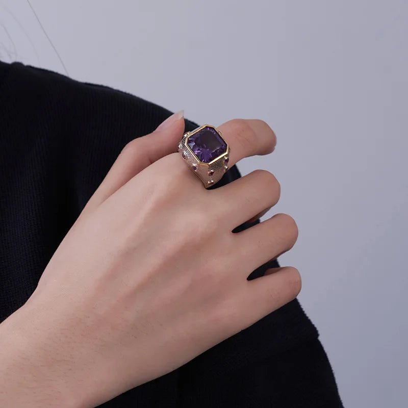 Ancient Allure: 925 Sterling Silver Rings with Square - Cut Natural Amethyst - Gadget and Glam Shop